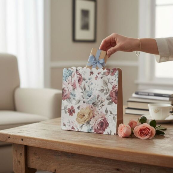 Gift Bag- Floral Shabby Chic Gift Bag 12"×11"×4" Scalloped Edge With Organza NWT - Picture 2 of 6